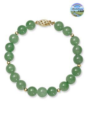 Genuine Natural Jade Beaded Bracelet 14K Yellow Gold Accent Strand 7.5" Fine